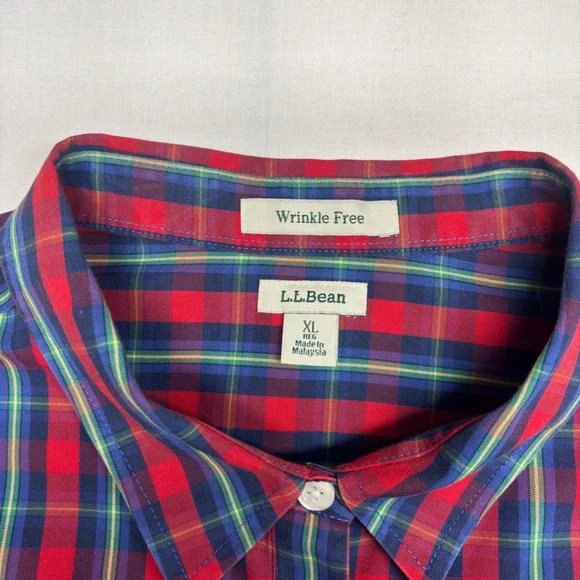 LL Bean Mens XL Red Blue Plaid Wrinkle Free Cotton Button Down Shirt 503451 - Picture 3 of 8
